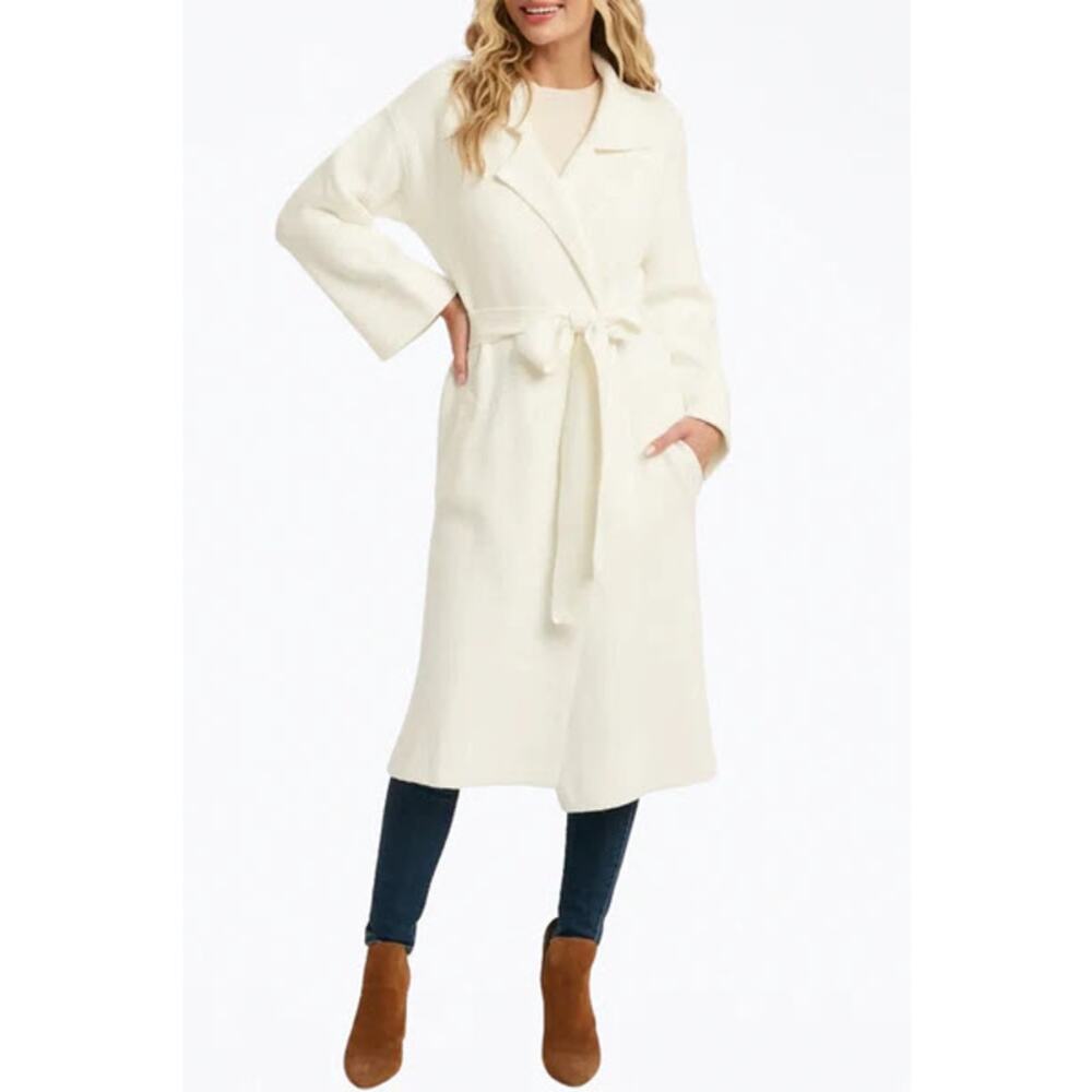 Blueivy BELTED KNIT Ivory CARDIGAN‎ Womens L Cozy Chic Cream Long Open Sweater